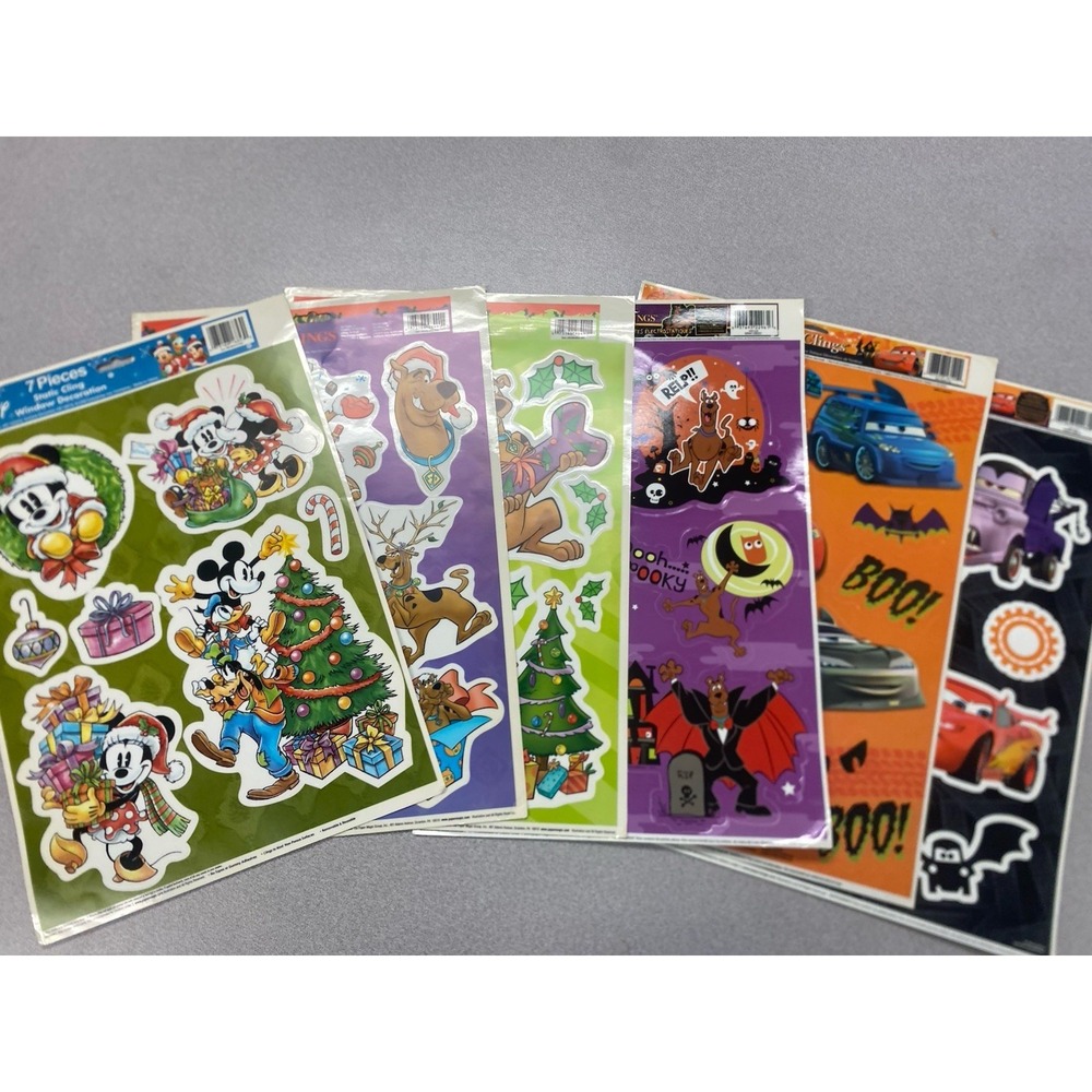 Lot Of 6 Vintage Cars, Disney & Scooby Window Clings - Halloween & Christmas